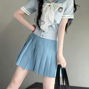 Purple Pudding Bear JK Uniform Sailor Suit Set - Short Sleeve College Style with Navy Collar for Girls