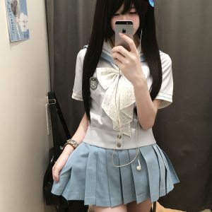 Purple Pudding Bear JK Uniform Sailor Suit Set - Short Sleeve College Style with Navy Collar for Girls