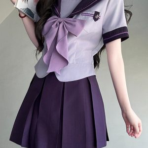 Purple Pudding Bear JK Uniform Sailor Suit with Dotted Navy Collar, College Style, Waist-Defining Slim Fit, Y2K Aesthetic