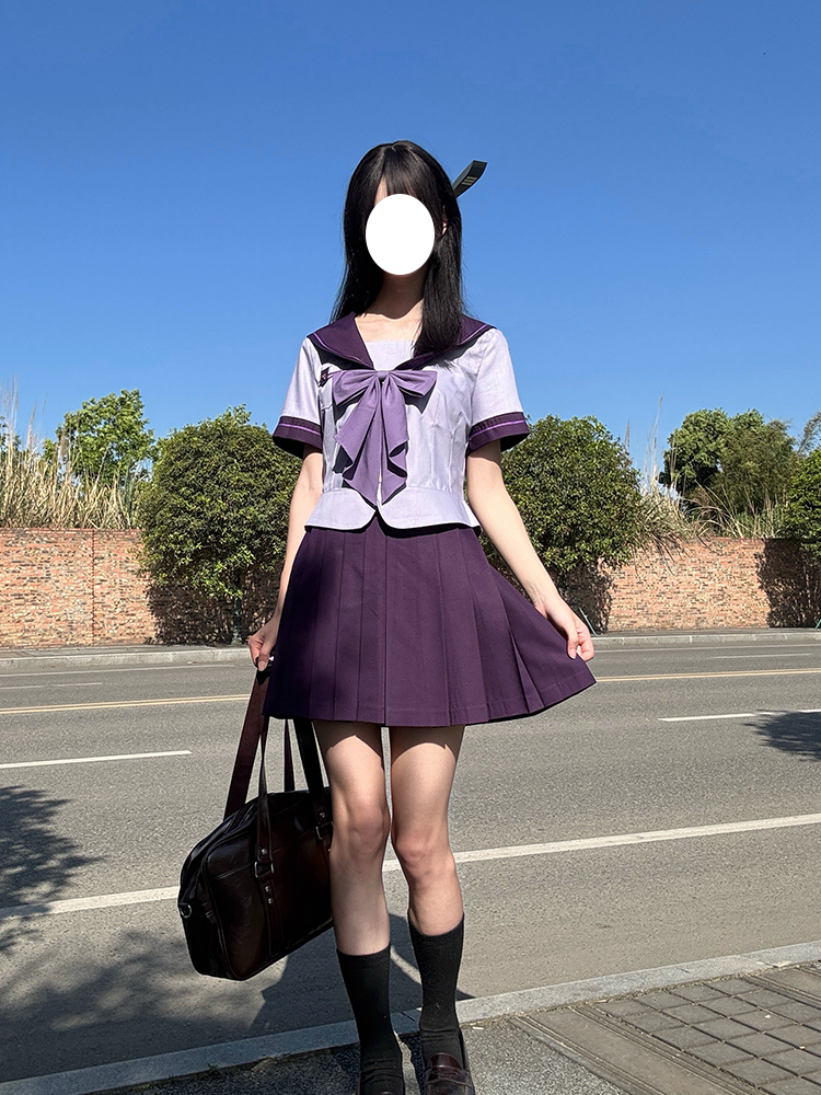 Purple Pudding Bear JK Uniform Sailor Suit with Dotted Navy Collar, College Style, Waist-Defining Slim Fit, Y2K Aesthetic Purple Pudding Bear JK Uniform Sailor Suit with Dotted Navy Collar, College Style, Waist-Defining Slim Fit, Y2K Aesthetic