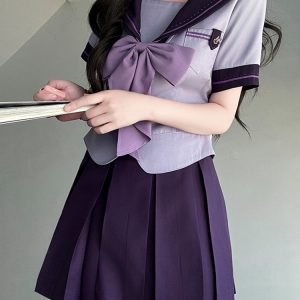 Purple Pudding Bear JK Uniform Sailor Suit with Dotted Navy Collar, College Style, Waist-Defining Slim Fit, Y2K Aesthetic