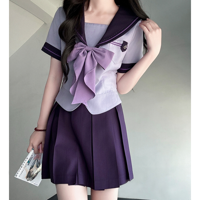 Purple Pudding Bear JK Uniform Sailor Suit with Dotted Navy Collar, College Style, Waist-Defining Slim Fit, Y2K Aesthetic
