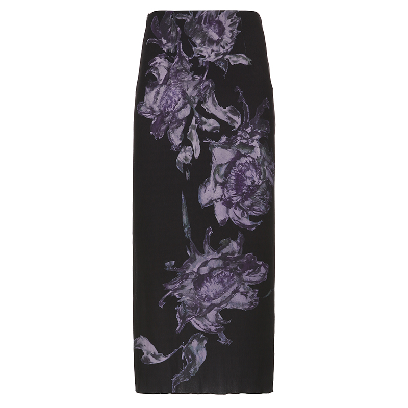 Purple Rose Print Vintage High Waist Split Midi Skirt for Women - H-Line Design, 90s Inspired Floral Style