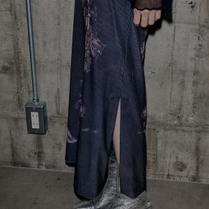 Purple Rose Print Vintage High Waist Split Midi Skirt for Women - H-Line Design, 90s Inspired Floral Style