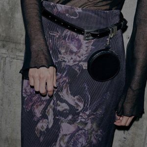 Purple Rose Print Vintage High Waist Split Midi Skirt for Women - H-Line Design, 90s Inspired Floral Style