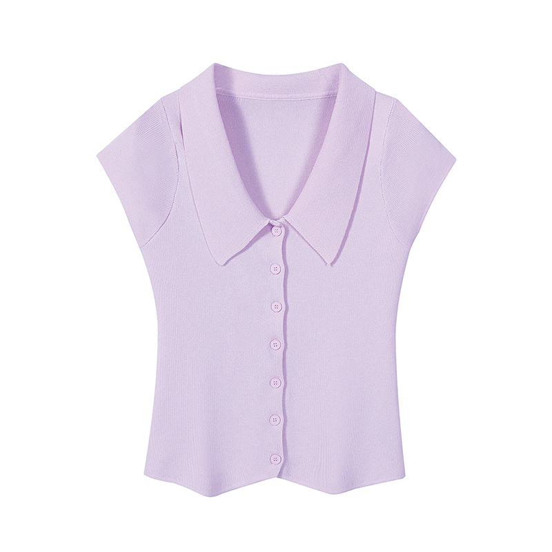 Purple Waist-Cinching Short-Sleeve Knitted Polo Shirt for Women - Summer Flutter Sleeve T-Shirt for a Youthful Look