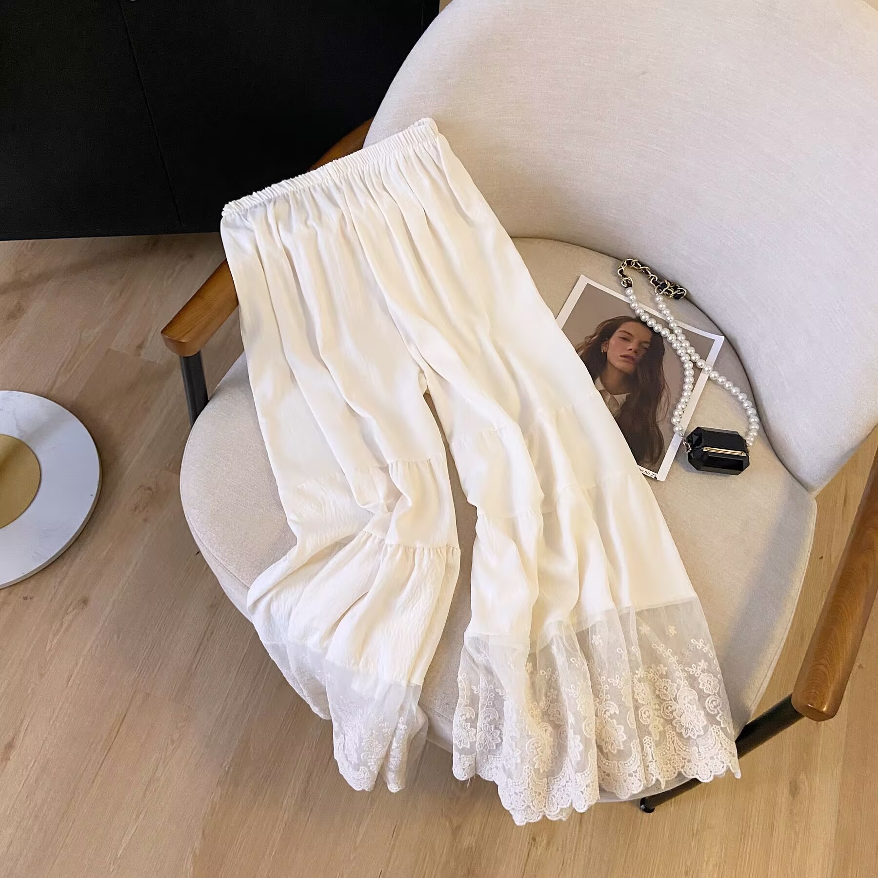 Qipao-Style Wide-Leg Leggings for Forest Girls, Japanese Fresh Style, Elastic Waist, Lace Trim, Cotton-Linen Spliced Pants