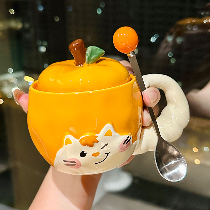 Quirky Apple Cat Ceramic Mug with Lid - Cute Fun Water Cup for Girls, Perfect Birthday Gift Idea