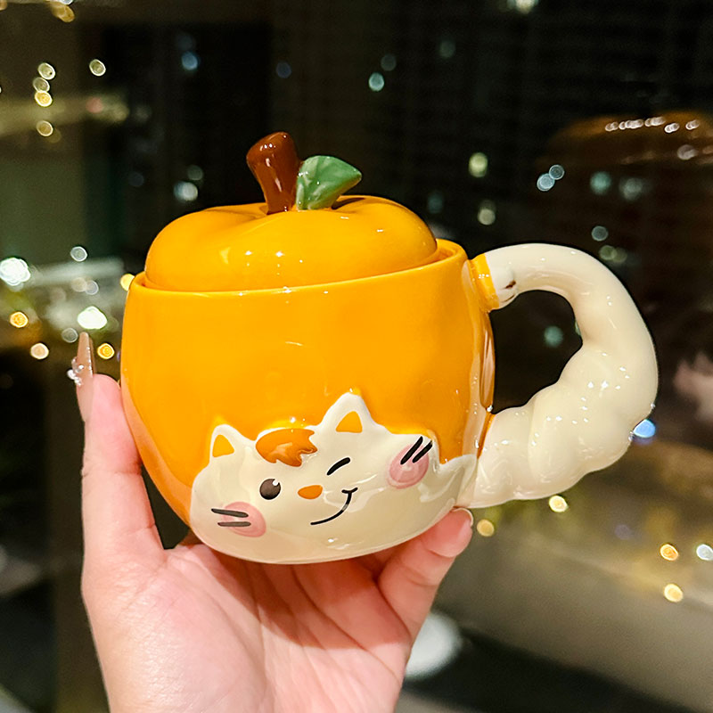 Quirky Apple Cat Ceramic Mug with Lid - Cute Fun Water Cup for Girls, Perfect Birthday Gift Idea