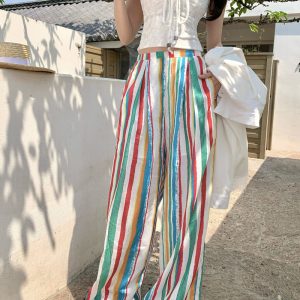 Rainbow Striped Wide-Leg Pants for Beach Vacation – Floor-Length Linen Pants with Sun Protection Cardigan in Lazy Style