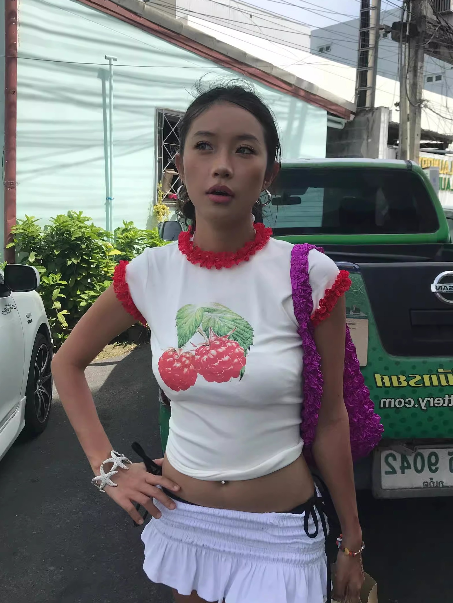 Raspberry Print Red Lace Trim Short Sleeve Top - Slim Fit Pure Cotton Women's Korean Style Fashion Raspberry Print Red Lace Trim Short Sleeve Top - Slim Fit Pure Cotton Women's Korean Style Fashion