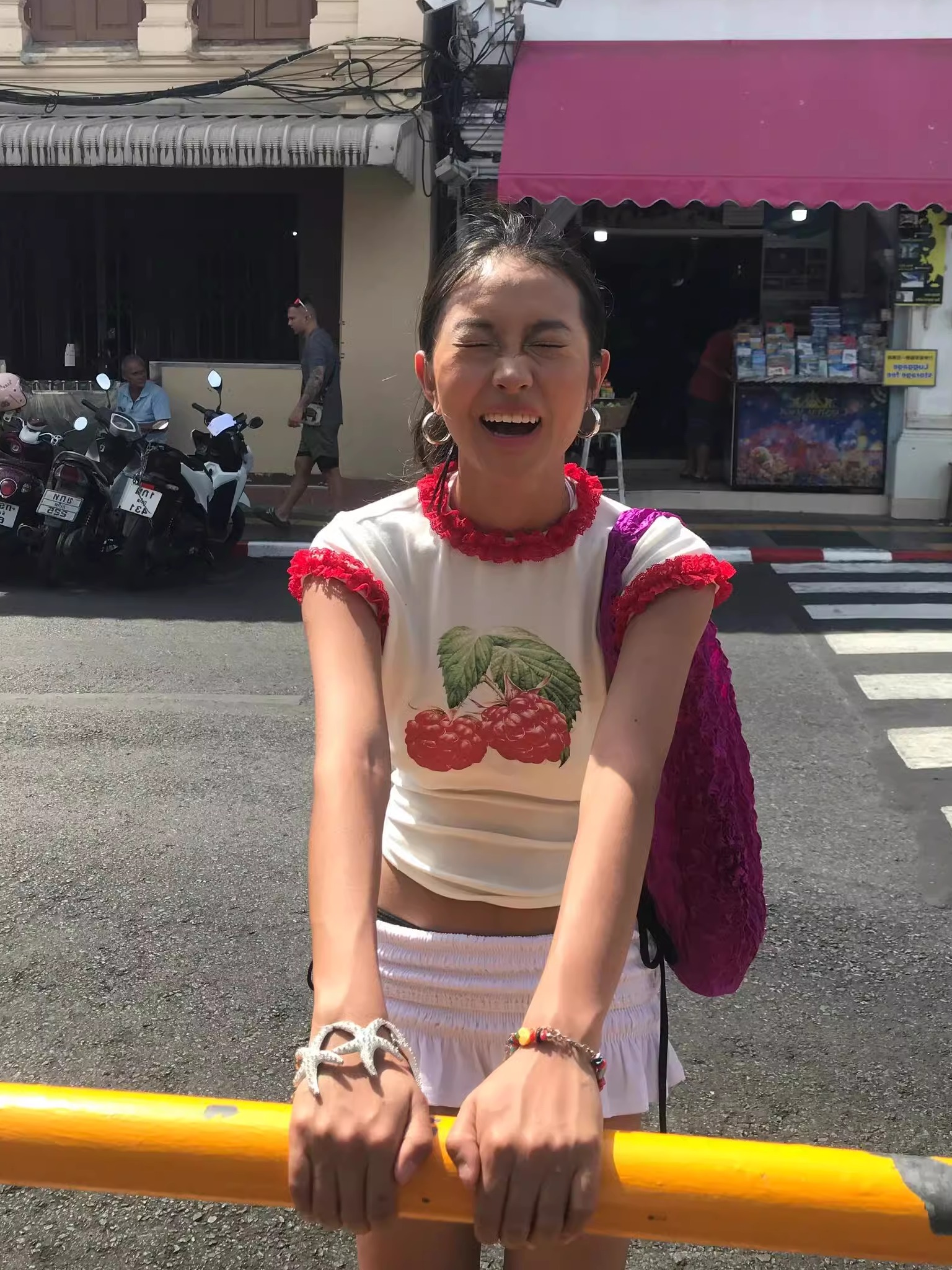 Raspberry Print Red Lace Trim Short Sleeve Top - Slim Fit Pure Cotton Women's Korean Style Fashion Raspberry Print Red Lace Trim Short Sleeve Top - Slim Fit Pure Cotton Women's Korean Style Fashion