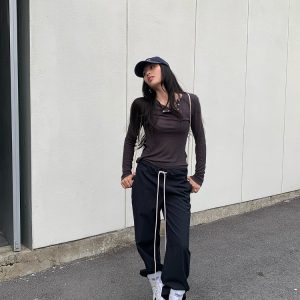 Rebellious Aesthetics Slanted Buckle Design Tencel Tee - Nonconformist Style, 90s Inspired Fashion Top