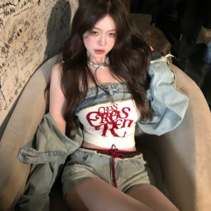 Rebellious Cowboy Vintage Heavy-Duty Denim Jacket, Tank Top & Casual Shorts Set for Women - Spring Fashion 90s Y2K Style