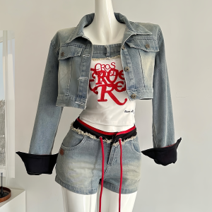 Rebellious Cowboy Vintage Heavy-Duty Denim Jacket, Tank Top & Casual Shorts Set for Women - Spring Fashion 90s Y2K Style