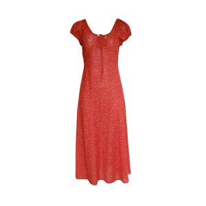 Red Floral Dress for Women, Loose Puff Sleeve Long Dress with French V-neck, Summer Flowers Design, Vintage Style, Perfect for Summer Outings