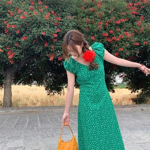 Red Floral Dress for Women, Loose Puff Sleeve Long Dress with French V-neck, Summer Flowers Design, Vintage Style, Perfect for Summer Outings