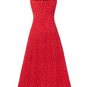 Red Floral Spaghetti Strap Dress for Women - 2025 Summer Ruffled Beach Vacation Dress in 90s Style