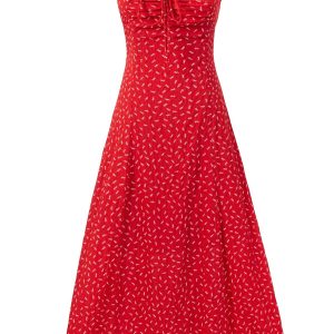 Red Floral Spaghetti Strap Dress for Women - 2025 Summer Ruffled Beach Vacation Dress in 90s Style