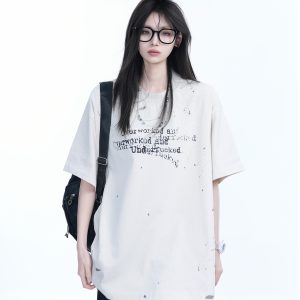 Red Ink Splash Design Short-Sleeve T-Shirt for Women - Trendy Summer Heavyweight Loose Fit, Casual Style