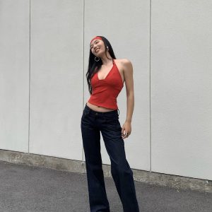 Red Non-Fading Denim Slim Leg Mid-Low Waist Straight Leg Jeans for Women - Vintage Casual Style