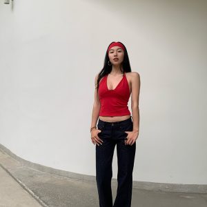 Red Non-Fading Denim Slim Leg Mid-Low Waist Straight Leg Jeans for Women - Vintage Casual Style