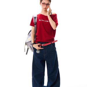 Red Off-Shoulder Short Sleeve T-Shirt for Women - Casual Spicy Girl Top, Versatile Summer 2025 Fashion, Y2K Style