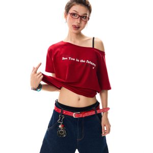 Red Off-Shoulder Short Sleeve T-Shirt for Women - Casual Spicy Girl Top, Versatile Summer 2025 Fashion, Y2K Style