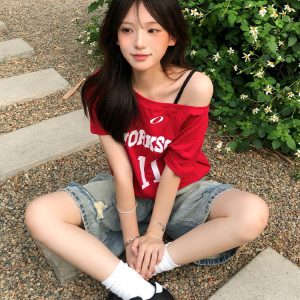 Red One-Shoulder Short Sleeve Women's Summer Letter Print Casual Off-Shoulder T-Shirt - Sexy Loose Slimming Top for Y2K Style