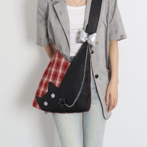 Red Plaid Crossbody Bag - Y2K Cat Underarm Bag for Spring/Summer Fashion
