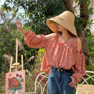 Red Plaid Floral Off-Shoulder Shirt Women's Summer Loose Long Sleeve Top - Vintage Style, 90s Inspired, Trendy Fashion Piece