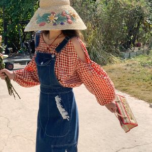 Red Plaid Floral Off-Shoulder Shirt Women's Summer Loose Long Sleeve Top - Vintage Style, 90s Inspired, Trendy Fashion Piece