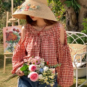 Red Plaid Floral Off-Shoulder Shirt Women's Summer Loose Long Sleeve Top - Vintage Style, 90s Inspired, Trendy Fashion Piece