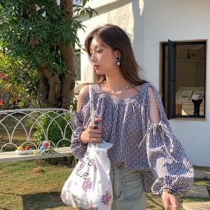 Red Plaid Floral Off-Shoulder Shirt Women's Summer Loose Long Sleeve Top - Vintage Style, 90s Inspired, Trendy Fashion Piece