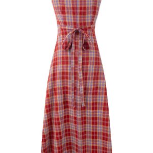 Red Plaid French V-Neck Summer Long Dress - 2025 New Arrival, Waist-Defining and Slimming, Perfect for Vacation Style