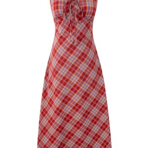 Red Plaid French V-Neck Summer Long Dress - 2025 New Arrival, Waist-Defining and Slimming, Perfect for Vacation Style