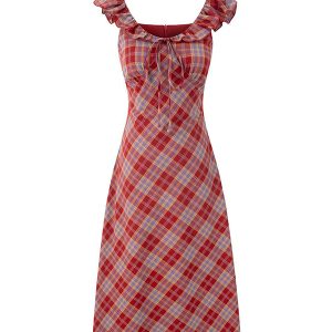 Red Plaid French V-Neck Summer Long Dress - 2025 New Arrival, Waist-Defining and Slimming, Perfect for Vacation Style