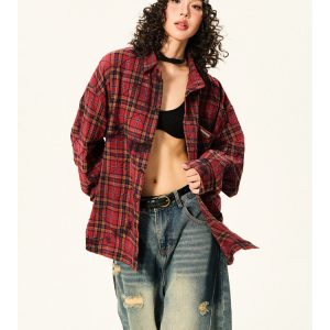 Red Plaid Loose Long Sleeve Shirt for Women - American Vintage Style for Early Autumn, 90s Inspired Fashion