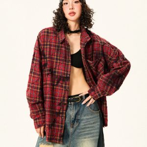 Red Plaid Loose Long Sleeve Shirt for Women - American Vintage Style for Early Autumn, 90s Inspired Fashion