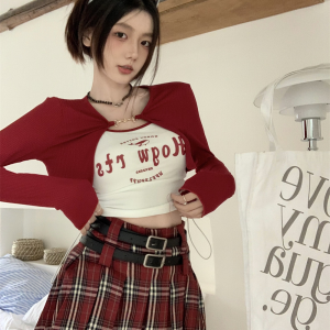 Red Plaid Pleated A-Line Skirt for Women, American Retro College Style, Slimming Anti-Exposure JK Short Skirt, Y2K Fashion