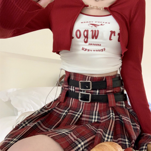 Red Plaid Pleated A-Line Skirt for Women, American Retro College Style, Slimming Anti-Exposure JK Short Skirt, Y2K Fashion