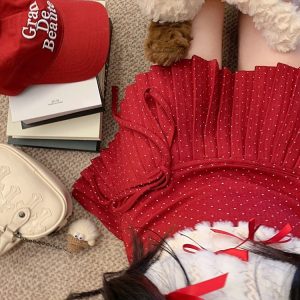 Red Polka Dot Pleated High-Waisted A-Line Skirt for Women - Spring Summer Fashion for Petite Figures