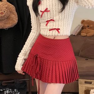 Red Polka Dot Pleated High-Waisted A-Line Skirt for Women - Spring Summer Fashion for Petite Figures