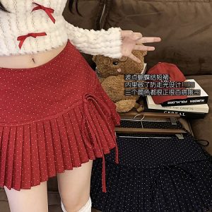 Red Polka Dot Pleated High-Waisted A-Line Skirt for Women - Spring Summer Fashion for Petite Figures