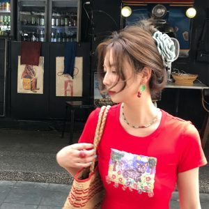 Red Printed Short Sleeve T-Shirt for Women - Vintage Summer Slim Fit Round Neck Top - Y2K Fashion Style