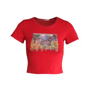 Red Printed Short Sleeve T-Shirt for Women - Vintage Summer Slim Fit Round Neck Top - Y2K Fashion Style