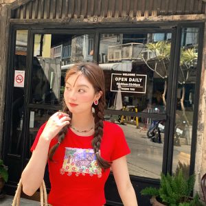 Red Printed Short Sleeve T-Shirt for Women - Vintage Summer Slim Fit Round Neck Top - Y2K Fashion Style