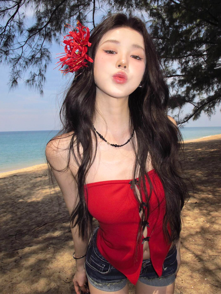 Red Strapless Top for Women - French Style Bow Hollow Design, Slim Fit, Trendy Spring Fashion Red Strapless Top for Women - French Style Bow Hollow Design, Slim Fit, Trendy Spring Fashion