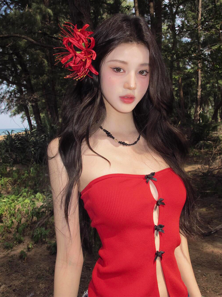 Red Strapless Top for Women - French Style Bow Hollow Design, Slim Fit, Trendy Spring Fashion Red Strapless Top for Women - French Style Bow Hollow Design, Slim Fit, Trendy Spring Fashion