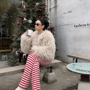 Red Striped Pants - Christmas Series, Festive Holiday Style, Cozy Winter Fashion, Trendy 90s Inspired Look